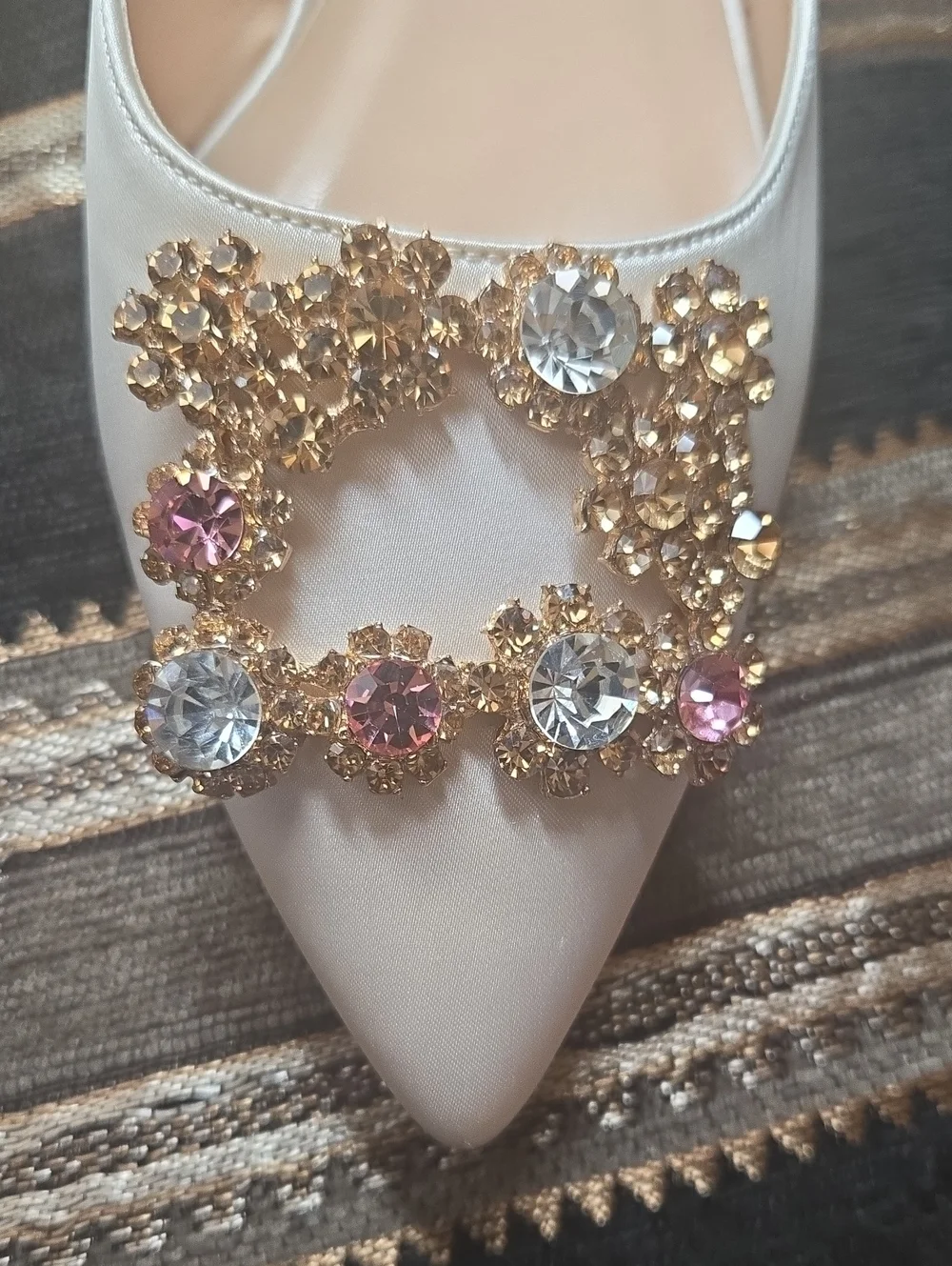 Soft Cream Satin Pointed Toe Low Heel Flats with Gold & Pink Crystal Buckle